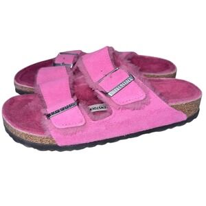 Birkenstock Size 37 6 6.5 Arizona Pink Teddy Shearling Double Strap Sandals